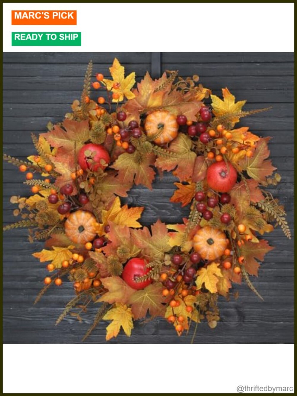 24 Inch Fall Wreath for Front Door Pumpkin Berry Autumn with Hook